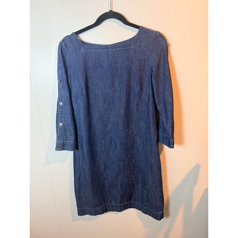 Talbots Petite Womens Blue Cotton Denim Square Neck Button Sleeve Dress 6P - Picture 2 of 9